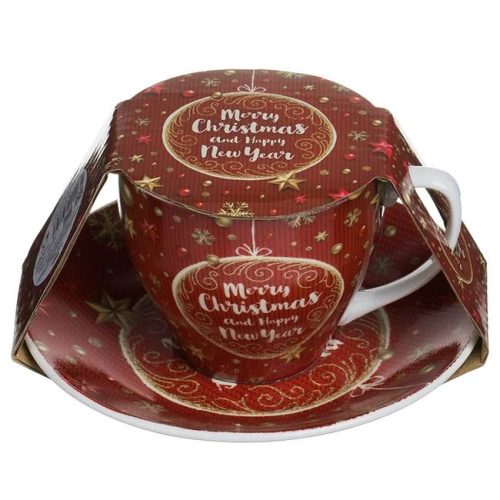 Karácsonyi Porcelán Csésze Szett Bordó Arany Hópehely Mintával „Merry Christmas” & Csészealj 220ml