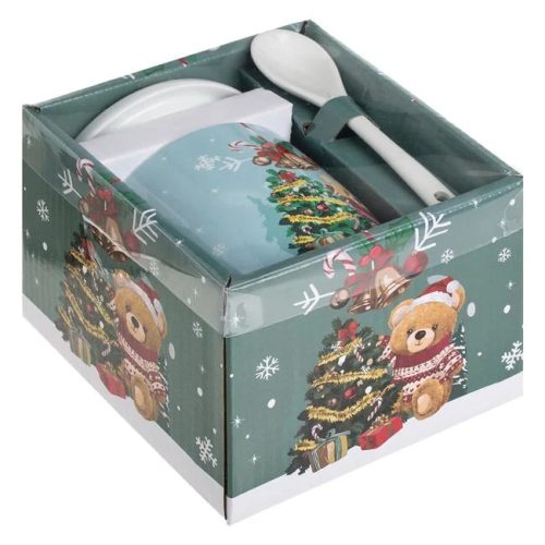 Karácsonyi Bögre Szett Fedővel & Kis Kanállal Mackó Mintával 340ml – 3 darab