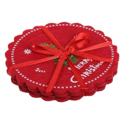 Karácsonyi Piros Filc Poháralátét Szett Fenyő Mintával Ø12cm – 4 darab