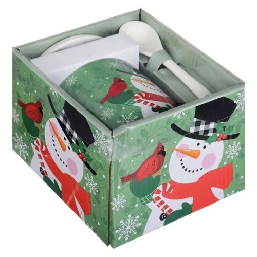 Karácsonyi bögre szett fedéllel és kanállal – hóember mintával