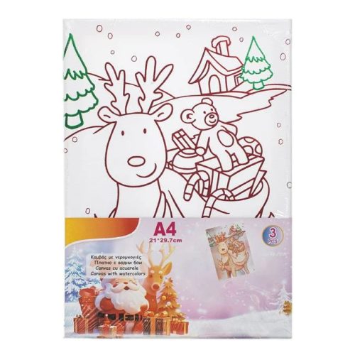 Karácsonyi Színező Készlet A4 Vászonnal – Ajándékos Rénszarvas & Akvarell – 3 db