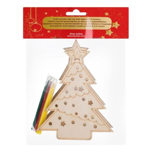 Karácsonyi Kreatív Készlet – Fa Karácsonyfa Világgal & 3 Filctoll (12x15 cm)