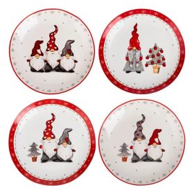   Karácsonyi Porcelán Tányérkészlet – Gnome Motívummal Ø19cm (4 db)