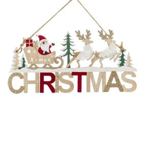   Karácsonyi fa dekoráció – Függő dísztábla „CHRISTMAS” – Mikulás szánnal és szarvasokkal