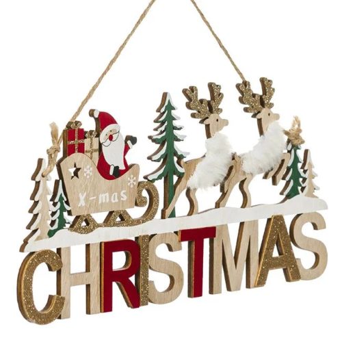 Karácsonyi fa dekoráció – Függő dísztábla „CHRISTMAS” – Mikulás szánnal és szarvasokkal