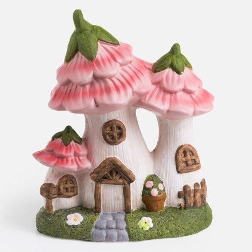 Kerámia Gomba Házikó Dekoráció Rózsaszín Virágokkal 23cm