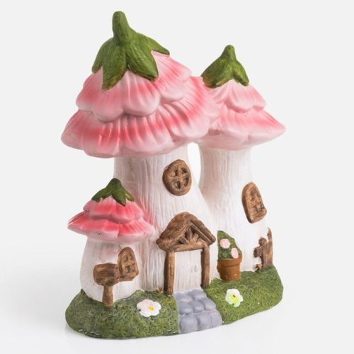 Kerámia Gomba Házikó Dekoráció Rózsaszín Virágokkal 23cm