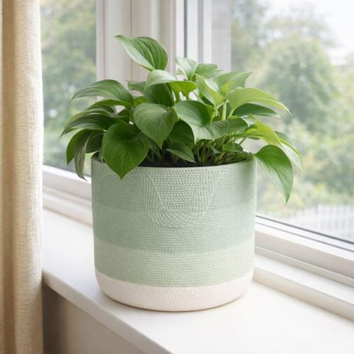 Menta zöld kerámia kaspó csíkos mintával - Ø14x12,5cm