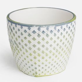   Kerámia Kaspó Rombusz Mintával - Fehér és Lime Zöld, 10x8cm