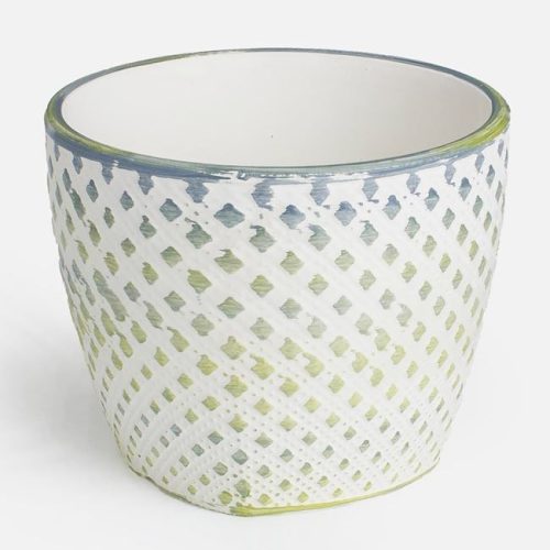 Kerámia Kaspó Rombusz Mintával - Fehér és Lime Zöld, 10x8cm