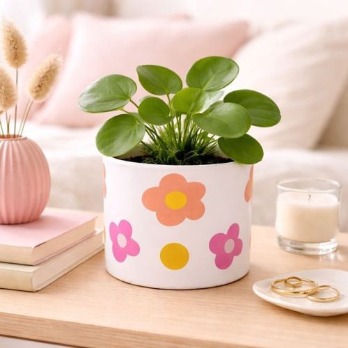 Fehér Kerámia Kaspó Színes Virágmintával – Ø10,5x8,5cm - 0,43L