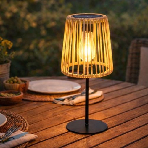 Szolár Asztali Lámpa Rattan Búrával, Ø14x31cm