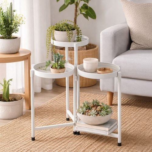 Fehér fém virágtartó állvány, 50x25x65 cm