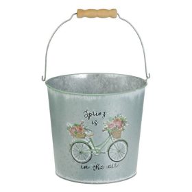   Ezüstszínű Fém Kaspó Bicikli és Virág Mintával, Fa Fogantyúval - 19x17cm
