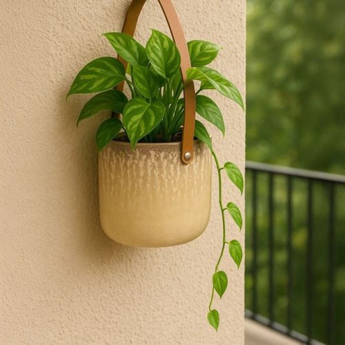 Bézs Kerámia Kaspó Barna Műbőr Fogantyúval Ø14x14cm - 1.3L