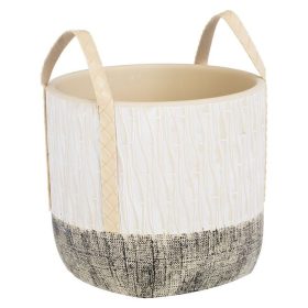   Ecru Bézs Kerámia Kaspó Dombornyomott Mintával és Fogantyúkkal - Ø17x15cm