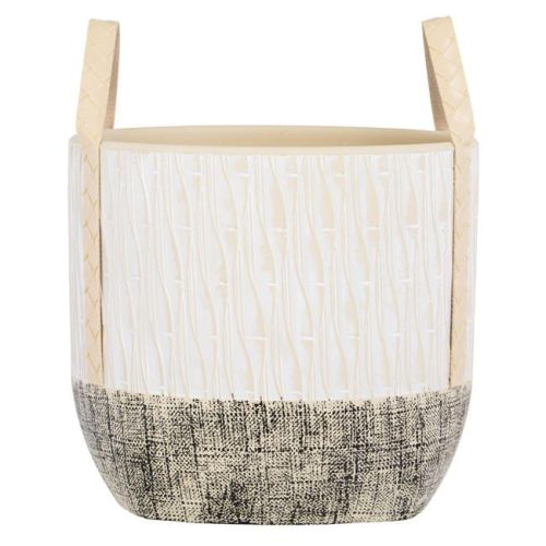 Ecru Bézs Kerámia Kaspó Dombornyomott Mintával és Fogantyúkkal - Ø17x15cm