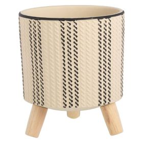   Bézs Kerámia Kaspó Fekete Csíkkal és Fa Lábakkal Ø17x17cm - 2.8L