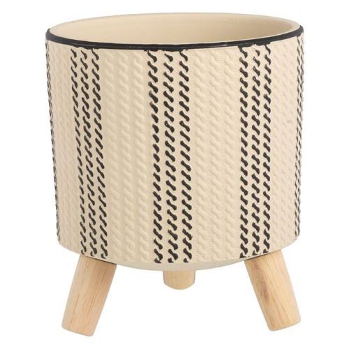 Bézs Kerámia Kaspó Fekete Csíkkal és Fa Lábakkal Ø17x17cm - 2.8L