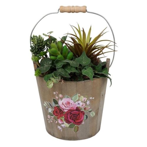 Fa Kaspó Fém Fogantyúval és Rózsa Mintával Ø18.5x18x15.5cm