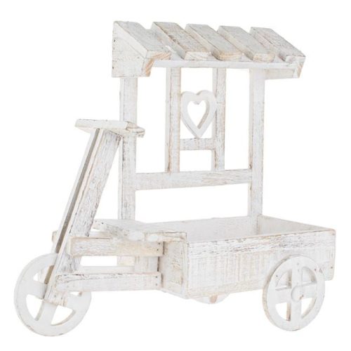 Dekoratív Fehér Koptatott Fa Virágtartó Tároló, Talicska Design - 38x16x36cm