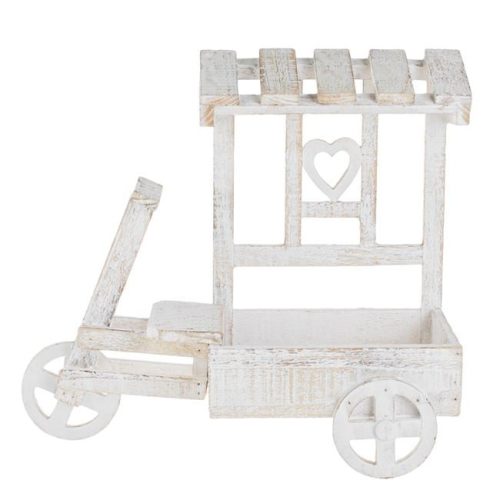 Dekoratív Fehér Koptatott Fa Virágtartó Tároló, Talicska Design - 38x16x36cm