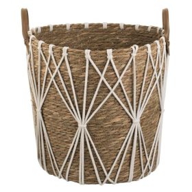   Bézs Fonott Kosár Fehér Zsinóros Díszítéssel és Fogantyúval Ø36x35cm