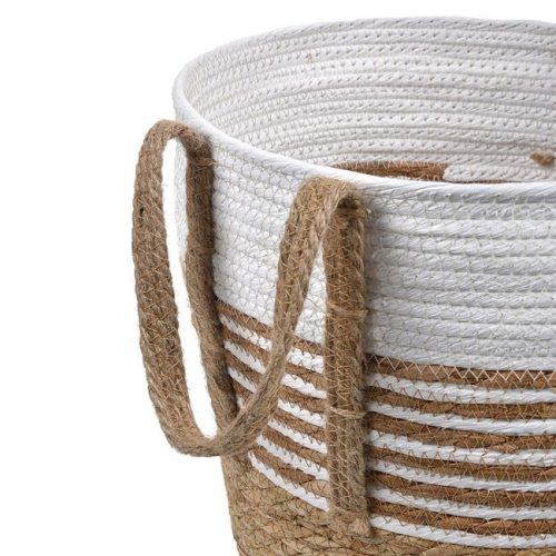 Ecru és Bézs Csíkos Fonott Kosár Vastag Kötélfogantyúval Ø28x28cm