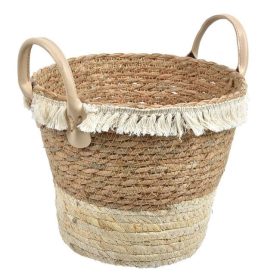   Ecru és Bézs Fonott Kosár Szalaggal és Fogantyúkkal Ø23x20cm