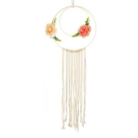   Kerek Makramé Fali Dekoráció Rojtokkal és Virágokkal, Bézs Ø31x82cm
