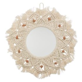   Bézs Kerek Tükör Makraméval és Kerámia Gyöngyökkel Ø45cm