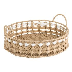   Kerek Fonott Tálca Natúr Színben Fehér Csíkkal és Fogantyúkkal Ø30x8cm