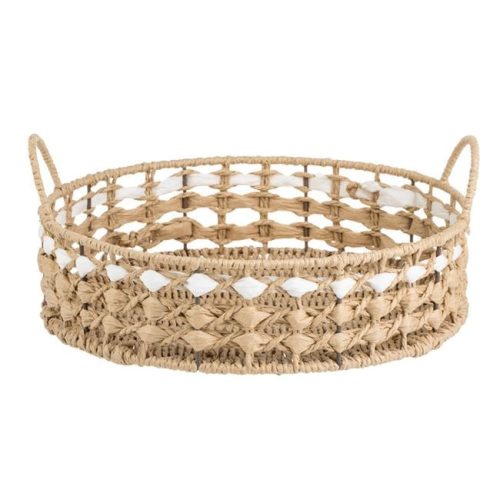 Kerek Fonott Tálca Natúr Színben Fehér Csíkkal és Fogantyúkkal Ø30x8cm