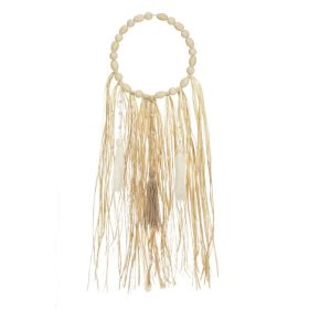   Fali dekoráció - Fa gyöngyös koszorú raffia levelekkel és bojtokkal 22x74cm