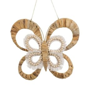   Fali Pillangó Dekoráció Jutával, Gyöngyökkel és Szalmával 33x25cm