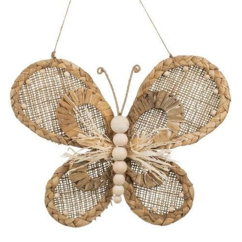 Pillangó fali dekoráció jutával, gyöngyökkel és szalmával 29x22cm