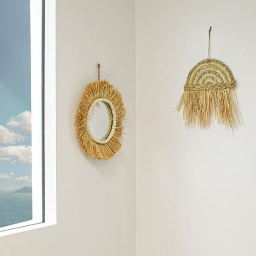 Kerek Dekoratív Fali Tükör Raffia Szálakkal és Fagyöngyökkel 40cm
