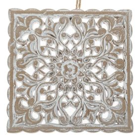   Faragott Fa Etnik Feliratos Fali Dekoráció - Fehér Koptatott Virág Mintás 19.5x19.5cm