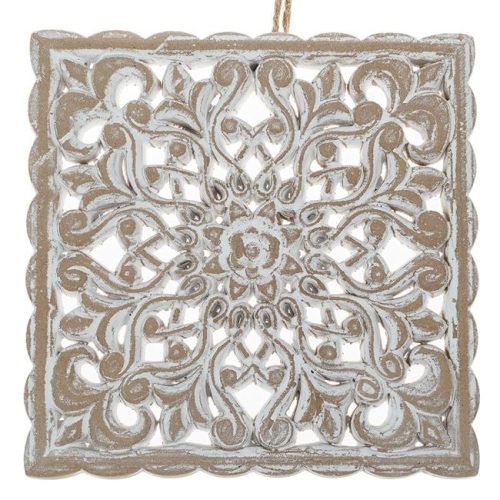 Faragott Fa Etnik Feliratos Fali Dekoráció - Fehér Koptatott Virág Mintás 19.5x19.5cm