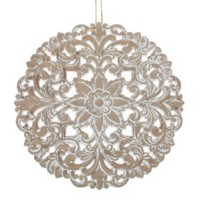   Etnikus Faragott Fa Fali Dekoráció, Fehér Koptatott Virág Mintával, Ø39.5cm