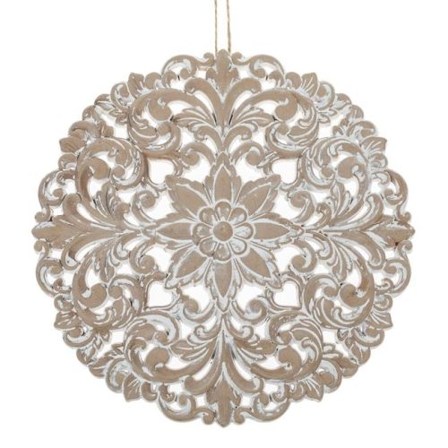 Etnikus Faragott Fa Fali Dekoráció, Fehér Koptatott Virág Mintával, Ø39.5cm