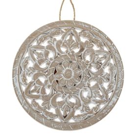   Etnikus Faragott Fa Fali Dekoráció, Fehér Koptatott Virág Mintával Ø20cm