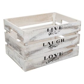   Koptatott Fehér Dekorációs Faláda Fogantyúval "Live Laugh Love" 35x25x21cm