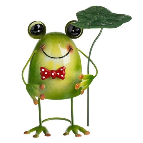 Kerti fém dekoráció - Béka tavirózsa esernyővel és mozgó rugóval 18x14x20cm