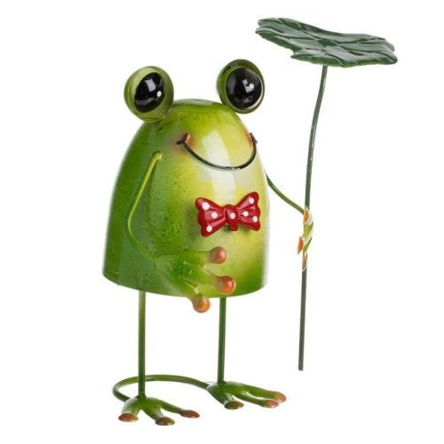 Kerti fém dekoráció - Béka tavirózsa esernyővel és mozgó rugóval 18x14x20cm