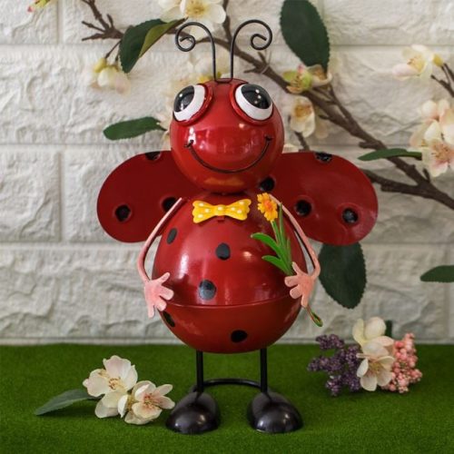 Kerti fém dekoráció - Mozgó katicabogár virággal 20x12x30cm