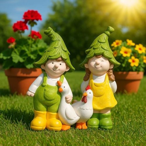 Kerámia kerti kislány figura tyúkkal, 10x8x21cm