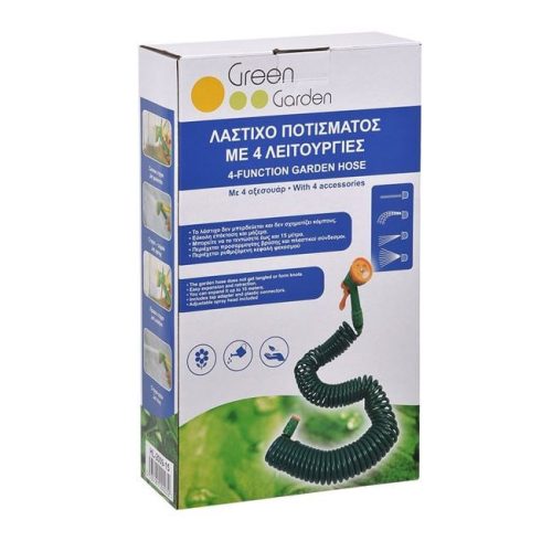 Spirális Kerti Locsolótömlő Szett, Zöld - 15m, 4 funkciós szórófejjel