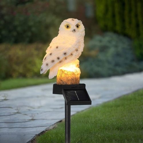 Szolár kerti lámpa fekete rúdon, bagoly figurával, meleg fehér fénnyel, 44cm