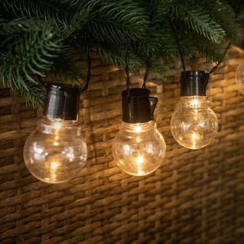 Kültéri és Beltéri Szolár Fényfüzér - Meleg Fehér Műanyag Izzókkal, 3.8m - 10db